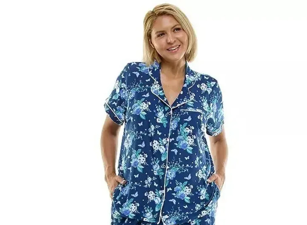 Croft Barrow 1X Pajama Top Navy Blue Floral Collar Button-Up Pocket Soft Stretch